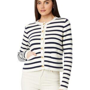 Vineyard Vines Women's Stripe Crew Cardigan in Nautical Navy & Cream.  (Large)